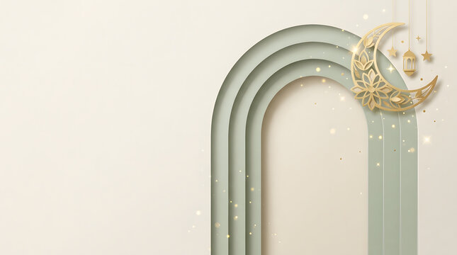 Elegant Islamic geometric arch with golden crescent and stars
