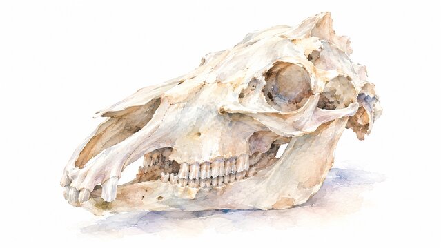 白い背景に描かれたリアルな水彩画の動物の頭蓋骨