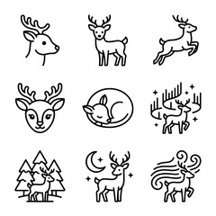 Obraz premium Cute Deer Icon Set, Outline Illustrations of Wildlife and Nature
