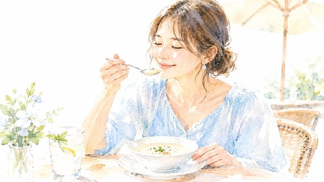晴れた日にテラス席で温かいスープを幸せそうに味わう若い女性の水彩画