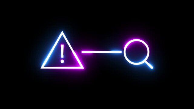 Neon illuminated warning triangle and magnifying glass icon glowing in dark empty background.