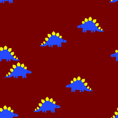 Blue Stegosaurus dinosaurs scattered on a dark red background in a playful pattern for children's designs © SA Graphic Desing