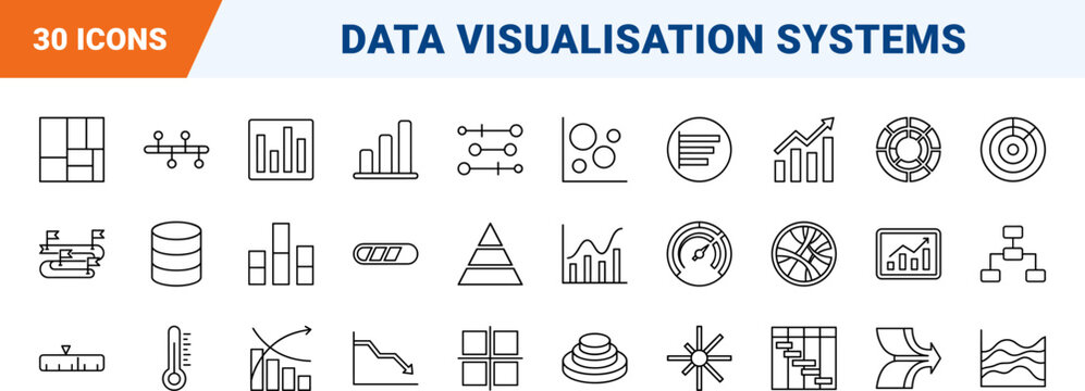 Business analytics line icon set. Vector pictograms of charts, graphs, metrics, and diagrams elements, thin linear illustration.