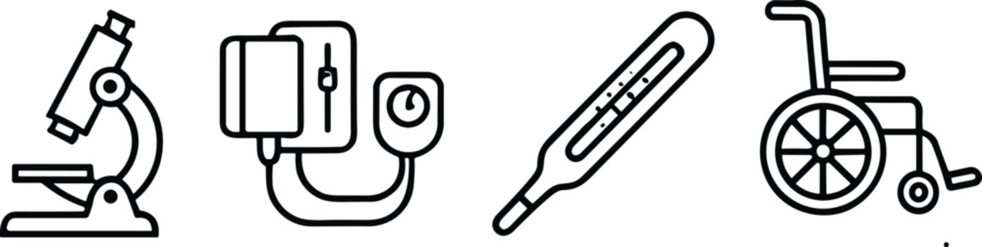 Medical Equipment Icon Set featuring microscope, blood pressure monitor, thermometer, and wheelchair symbols for healthcare and clinical design.