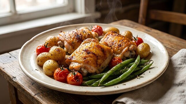 Roasted chicken thighs with potatoes green beans and tomatoes served on a plate in a rustic kitchen. boneless chicken thigh
