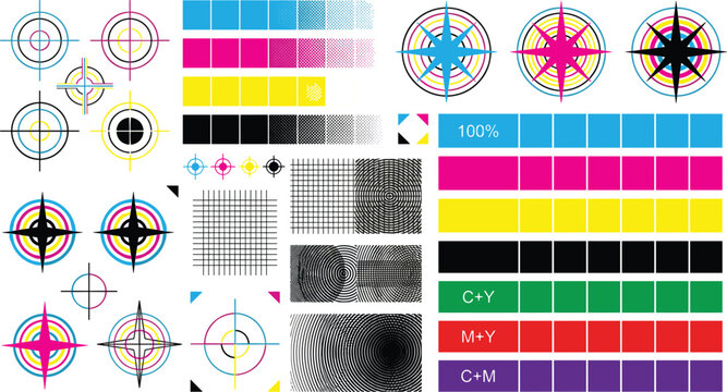 CMYK Print Calibration and Registration Mark Vector Set Featuring Color Control Swatches Calibration Strips and Crosshair Target Symbols