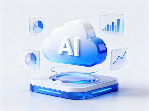 AI cloud computing platform with data analytics charts and futuristic interface, idea for artificial intelligence technology and digital business presentation