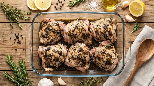 Fresh raw chicken thighs in a glass baking dish with herbs and red onions on a rustic wooden table. boneless chicken thigh