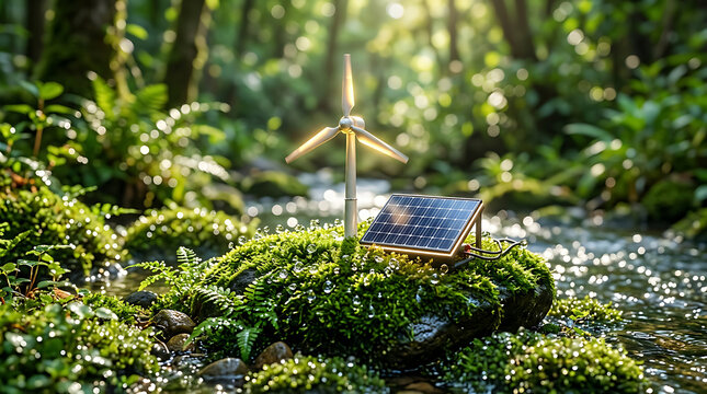 Green energy concept with a miniature wind turbine and solar panel on mossy rock with water drops.
