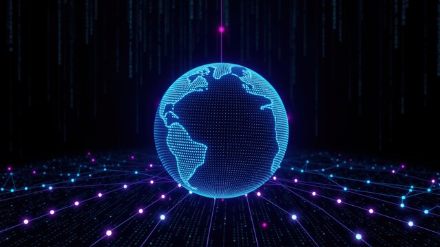 Digital globe glows amid binary code streams. Network connections radiate from planet, creating futuristic scene.