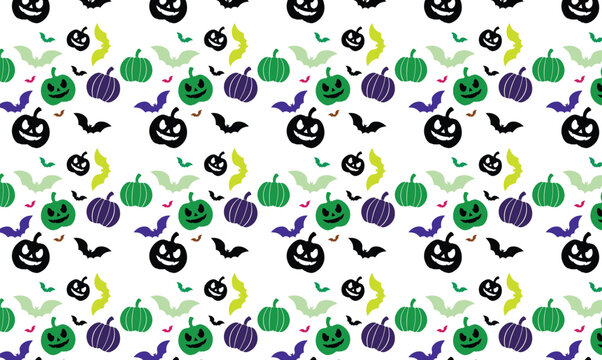 Seamless Halloween pattern featuring spooky black jack-o'-lanterns, green and purple pumpkins, and flying bats on a clean white background. Perfect for festive autumn wrapping paper,Art & Illustration