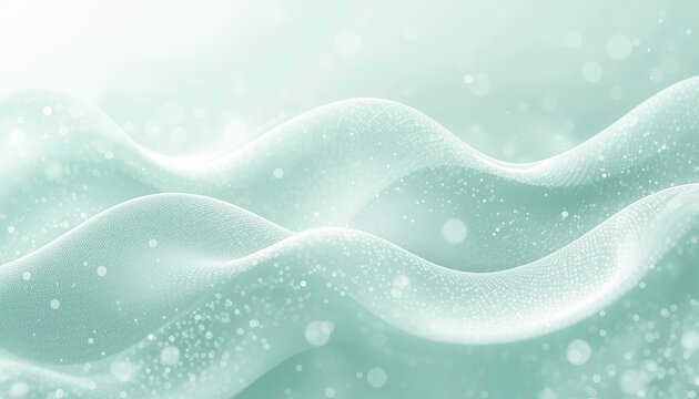 Soft mint green abstract background with flowing liquid wave and blurred particles fluid wave liquid motion gentle background smooth motion bokeh particles fluid design abstract tex