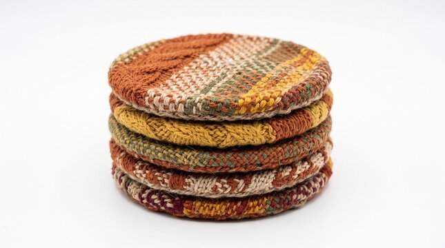 Stack of five round knitted coasters with autumn colors and cable knit patterns on a white background