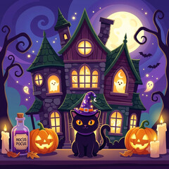 Fototapeta premium Halloween-themed black cat sitting beside carved pumpkins in front of a haunted house with potion bottles