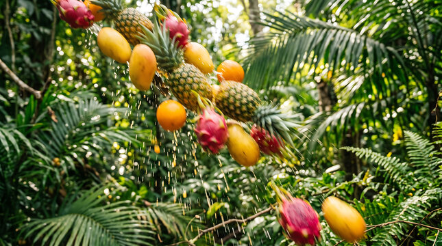 Exotic Tropical Fruits Composition Hanging in a Lush Green Jungle Garden Setting