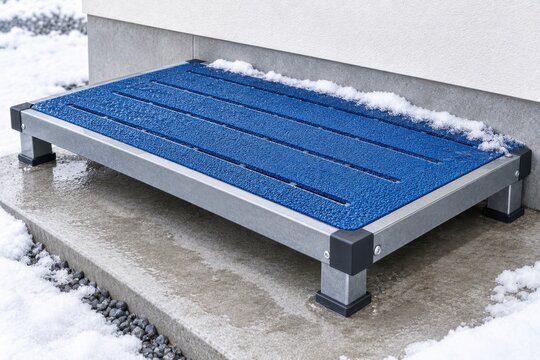 Blue rubber mat with textured surface placed on a concrete platform, surrounded by snow and gravel, showcasing outdoor winter conditions and functional design