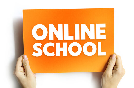 Hands holding card with bold ONLINE SCHOOL text. Concept for digital education, e-learning, virtual class, or distance teaching. Modern clean layout for learning visuals