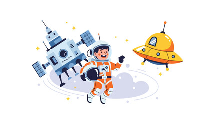 Vector illustration of a happy cartoon astronaut boy floating in space near a satellite and a yellow UFO spacecraft. © Aqil Art