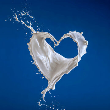 White milk splash forming heart shape against dark blue background with dynamic liquid droplets