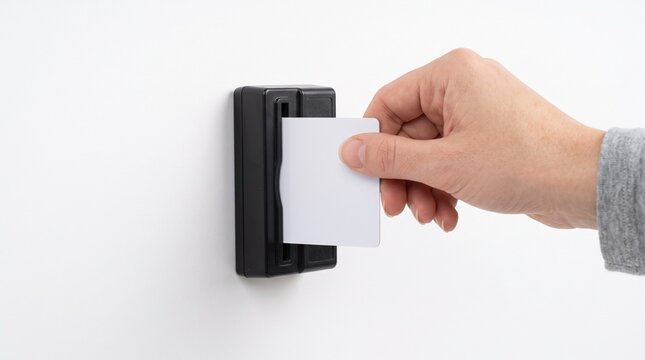 Hand holding blank white access card to swipe through black card reader mounted on white wall
