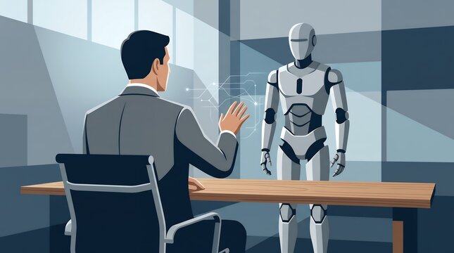 Flat Illustration Businessman Interviewing Humanoid Robot In Modern Office Technology Concept