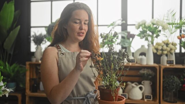 Woman florist holding a wilted potted plant touching brittle leaves with a frown in studio; disappointment plant care.