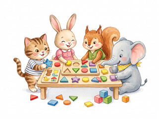 Fototapeta premium Cute Animals Solving Puzzles Together for Children's Learning. children educational puzzles with colorful shapes and blocks, teamwork, preschool learning, children's activities.
