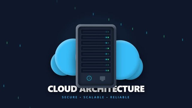 Abstract 3D illustration of cloud computing architecture with server icon and data processing elements.