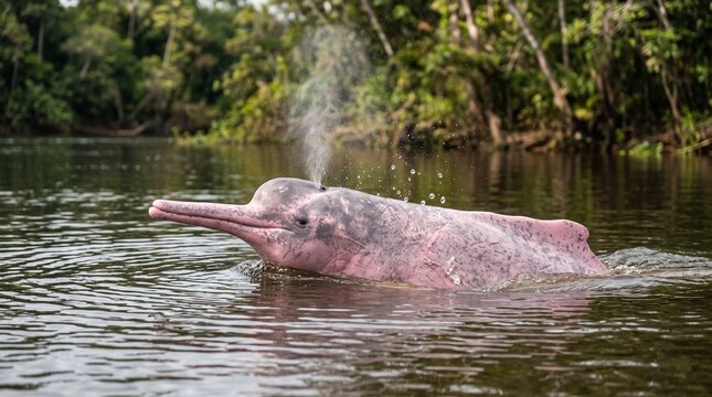 Pink river dolphin surfacing in Amazon freshwater river