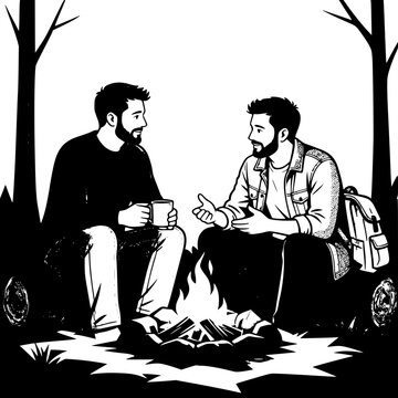Two Men Sitting Around a Campfire Sharing Stories 3