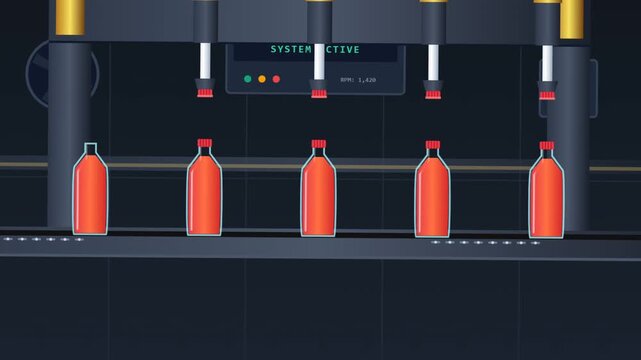 Automated industrial production line moving orange juice bottles animation