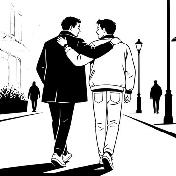 Two Men Walking with Arms Around Each Other's Shoulders