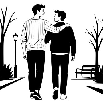 Two Men Walking with Arms Around Each Other's Shoulders 2