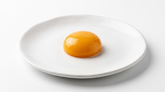 Fresh raw egg yolk on white ceramic plate, organic golden yolk for cooking and baking, minimalist food photography for culinary recipes isolated on White Background
