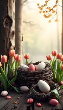 wide easter wood panorama banner background with easter eggs tulips and nest / Ostern holz panorama tulpen ostereier hintergrund, pop-art. White tone
