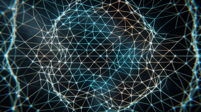 Luminous plexiform sphere of crystalline nodes and glowing threads suspended in dark digital space
