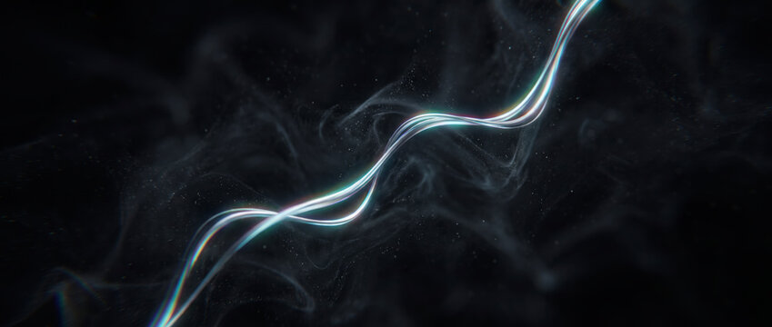 Delicate luminous thread drifting and weaving through soft smoke against a dark void