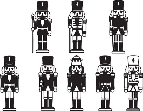 Nutcracker silhouettes with crowns, staffs, swords, uniforms, holiday icons, classical decor, festive black‑and‑white illustration set
