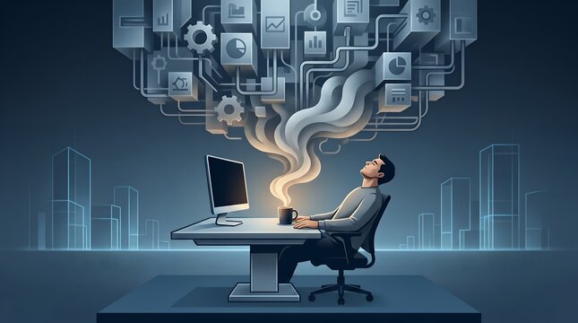 Minimalist Conceptual Illustration Man Relaxing at Office Desk with Steaming Coffee and Data Cloud