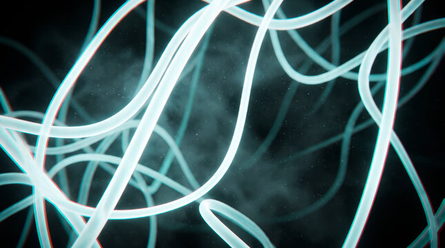 Tangled cluster of glowing silver threads weaving through a dark atmospheric conceptual space