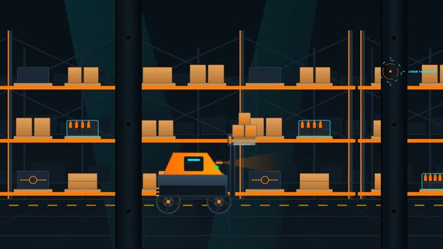Smart warehouse automation forklift transporting package boxes inventory storage