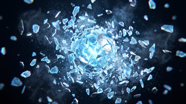 Glowing ice sphere shattering into crystalline shards suspended in a dark conceptual void