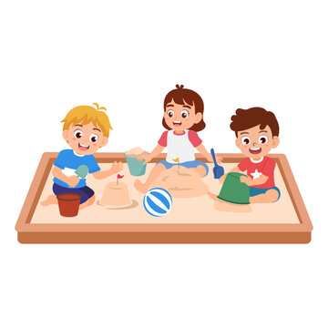 Vector illustration of happy kids playing in a sandbox, sensory play, fine motor skills and social development concept.