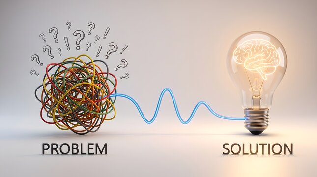 Tangled cable transforming into glowing brain lightbulb symbolizing creative problem solving concept