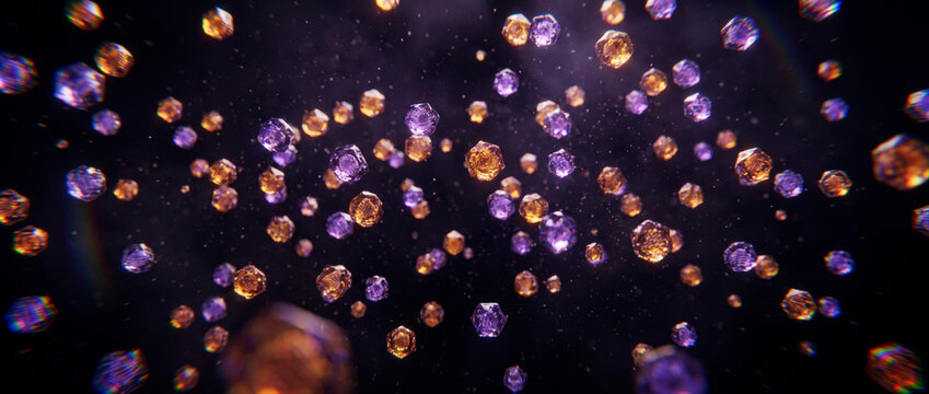 Scattered violet and amber crystal gems floating weightlessly through a dark conceptual field