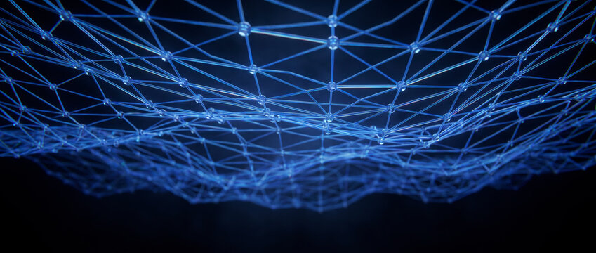 Vast blue wireframe canopy stretching overhead like a futuristic digital network ceiling