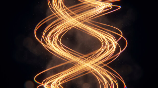 Twisting golden light strands spiraling upward in a luminous double helix formation