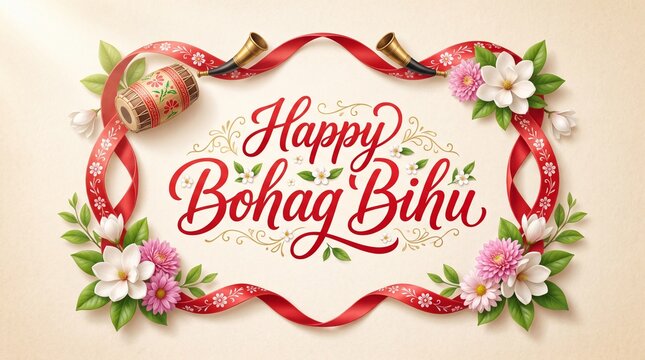 A festive illustration celebrating Bohag Bihu with traditional instruments and floral decorations