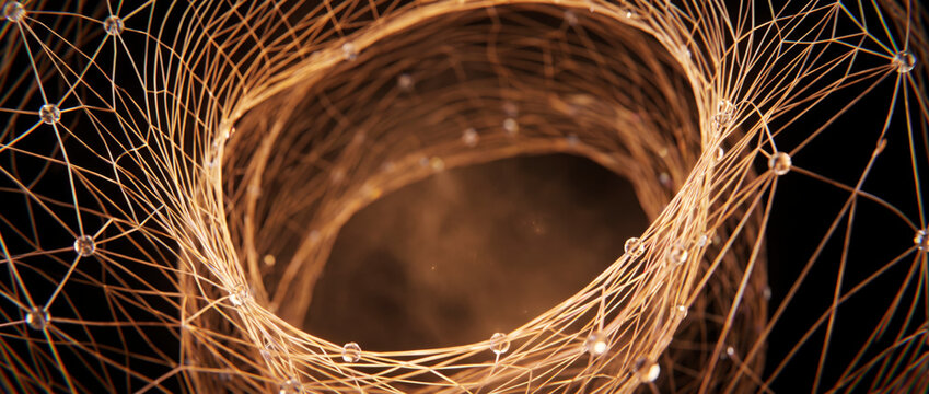 Golden wireframe tunnel curving inward to reveal a glowing hollow conceptual cavity