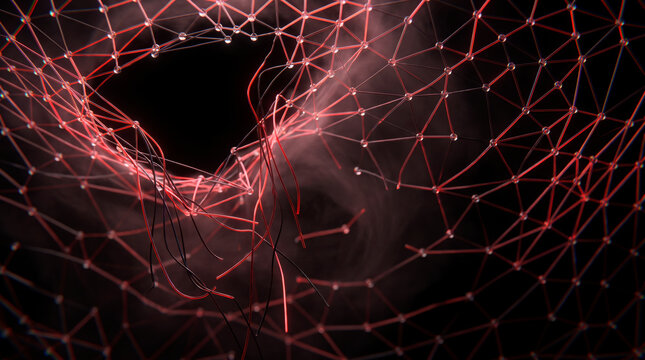 Crimson wireframe mesh torn open with dark fibers trailing into a smoky conceptual void